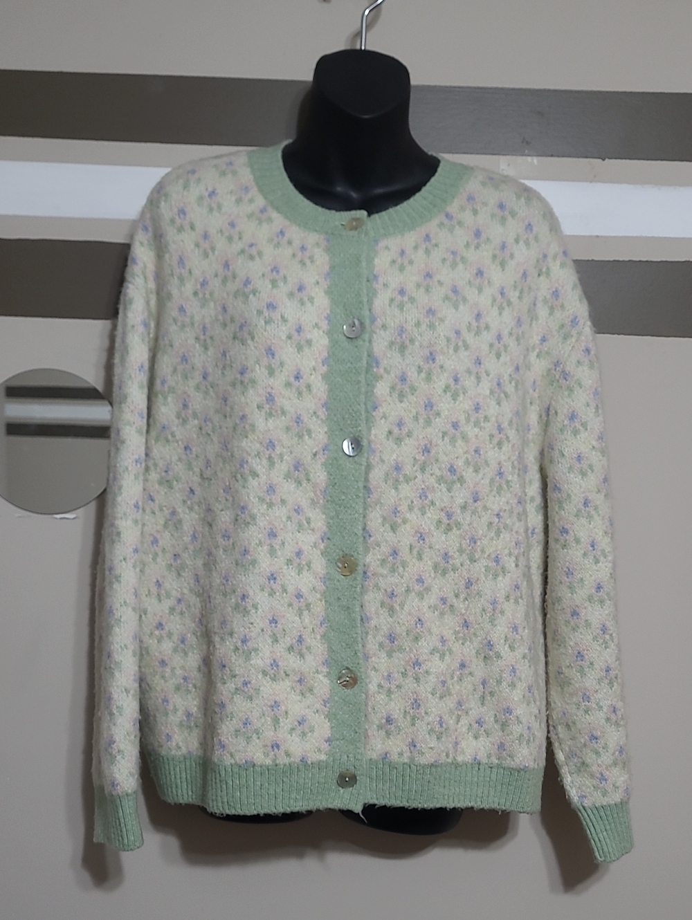Zara Cream/ Mint Trim / Pastel Floral Knit Oversized Cardigan Sz Med